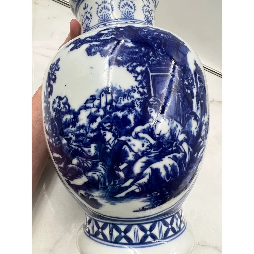 Vintage Blue and White Porcelain Vase Chinoiserie Pastoral Scene Floral 11 Inch
